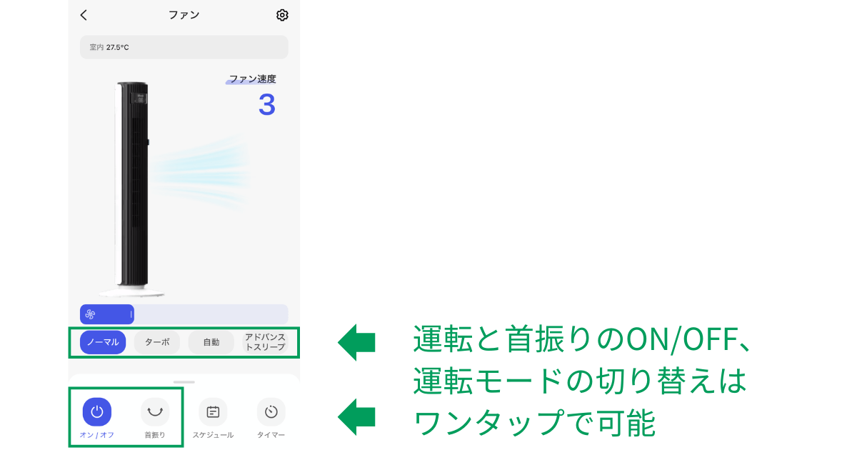 運転と首振りのON/OFF、運転モードの切り替えはワンタップで可能