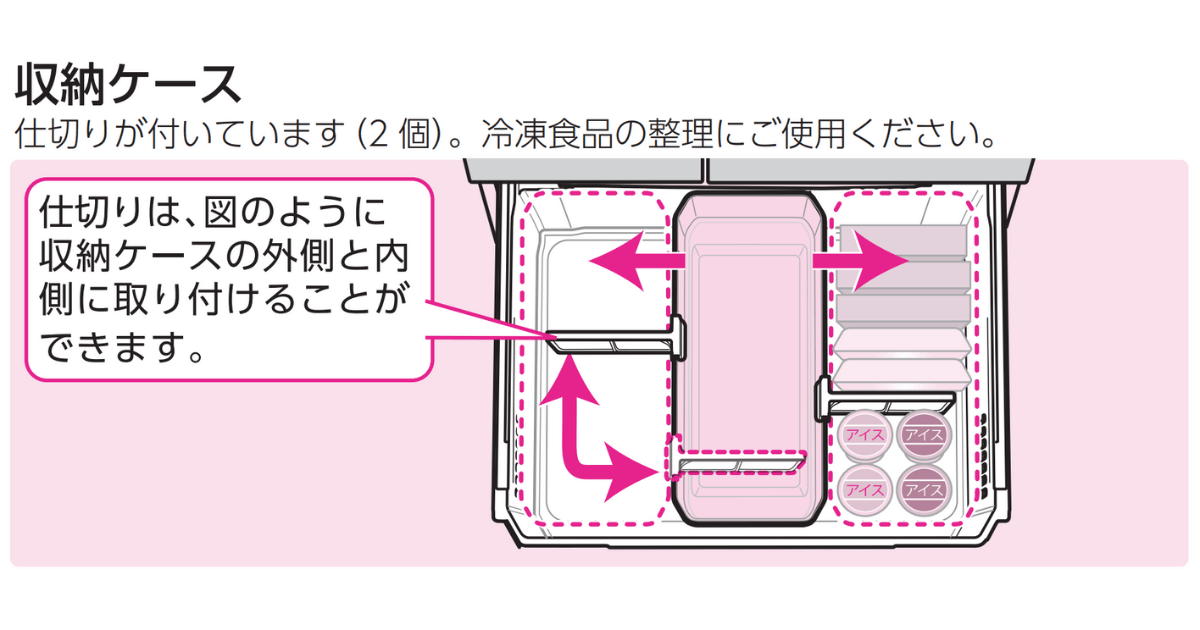 GR-W6000FZS（型落ち）は2段だが、仕切り板付き収納ケースがあるので整理しやすい