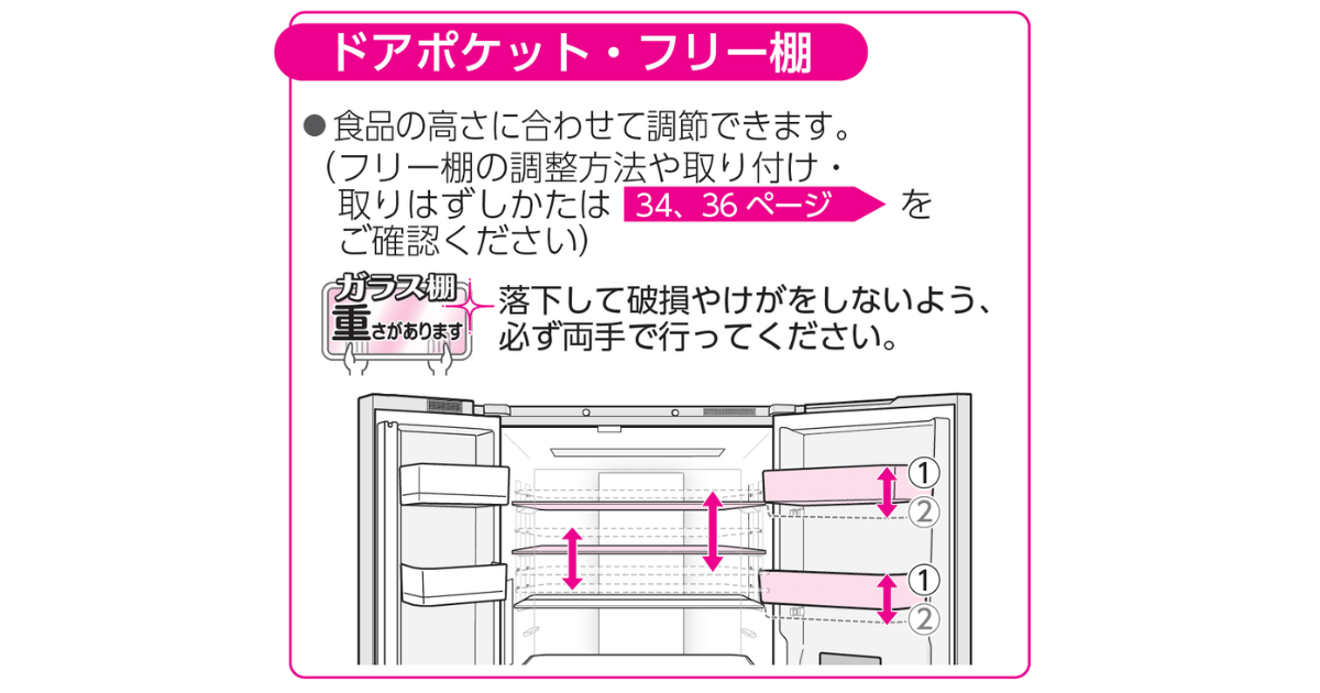 GR-Y640XFS（最新）の冷蔵室は、上段3つの棚を食品の高さに合わせて7段階の高さで調節可能