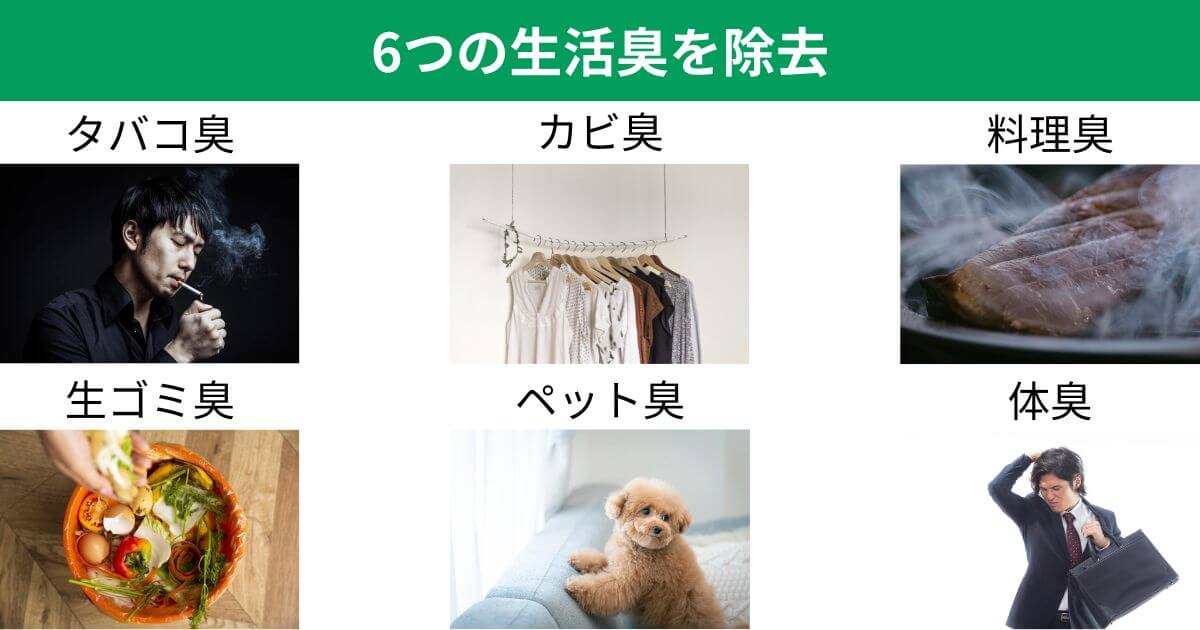 MCK706AとMCK705Aは脱臭フィルター（交換不要）が、生ゴミ臭など気になる6種類の生活臭をしっかり除去
